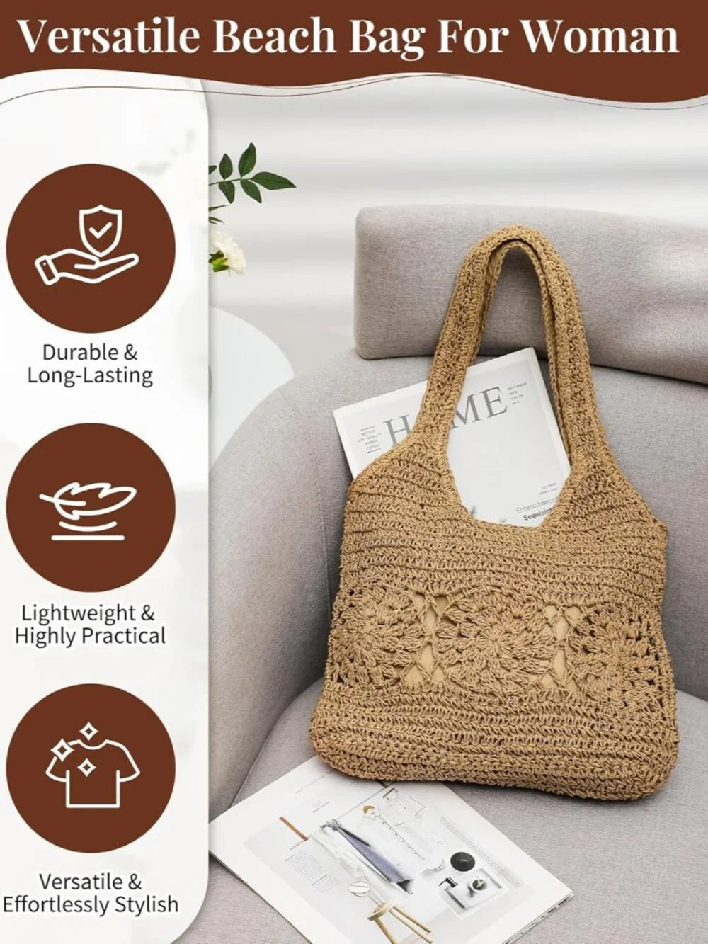 Beach Bag, Straw Beach Bags for Women, Floral Designed Beach Tote Lightweight Fo - Picture 6 of 7